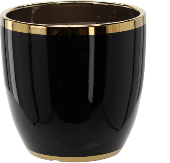 Macetero cerámico 30,5 × 30,5 × 30,5 cm negro con borde dorado
