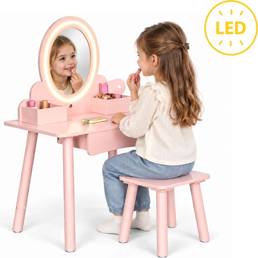 Tocador infantil de madera ECOTOYS con espejo LED, taburete y accesorios