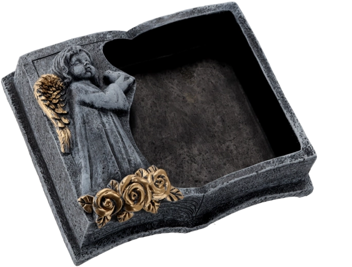 Jardinera funeraria de cemento en forma de libro, gris oscuro con detalles dorados, 23 × 19 × 7,5 cm