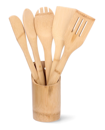 Juego de cocina de bambú de 6 piezas con soporte
