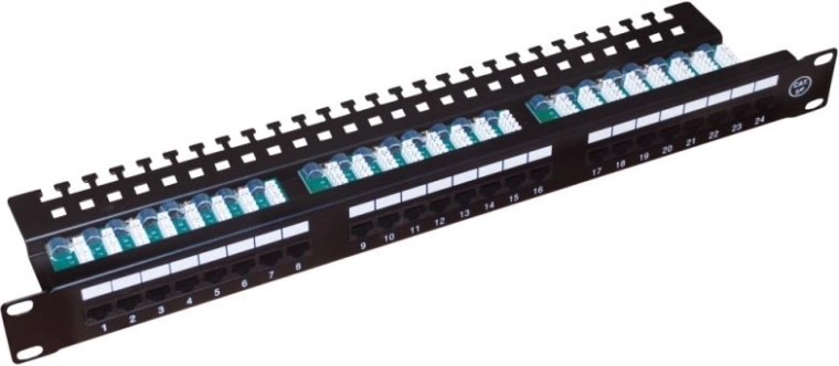 Panel de parcheo UTP Cat 5e, 24 puertos, LSA, 1U con bandeja