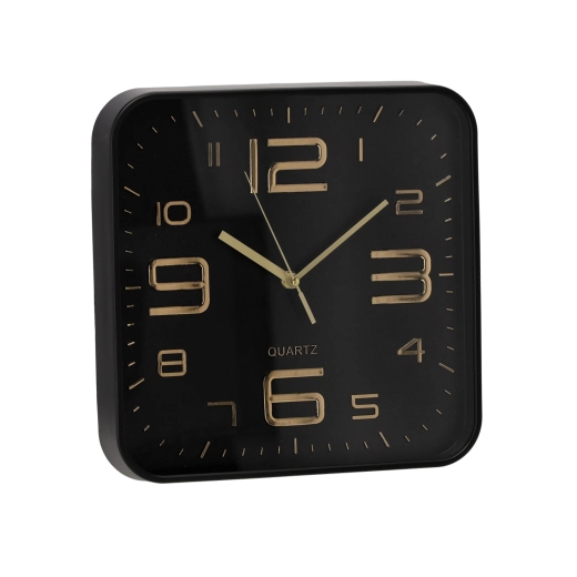 Reloj de pared cuadrado 30,2 × 30,2 cm negro con números dorados