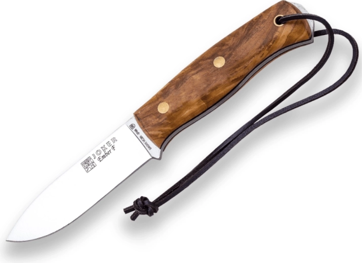 Cuchillo de exterior Joker Ember 10,5 cm, madera de olivo, funda de cuero y ferrocerio