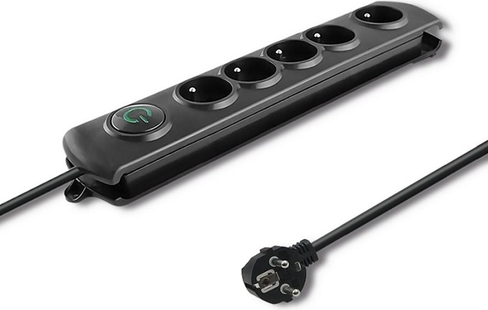 Regleta con protección contra sobretensiones 5 tomas con interruptor, 1,8 m, negra