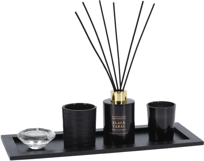 Portavelas y difusor de madera y vidrio, set de 5 piezas