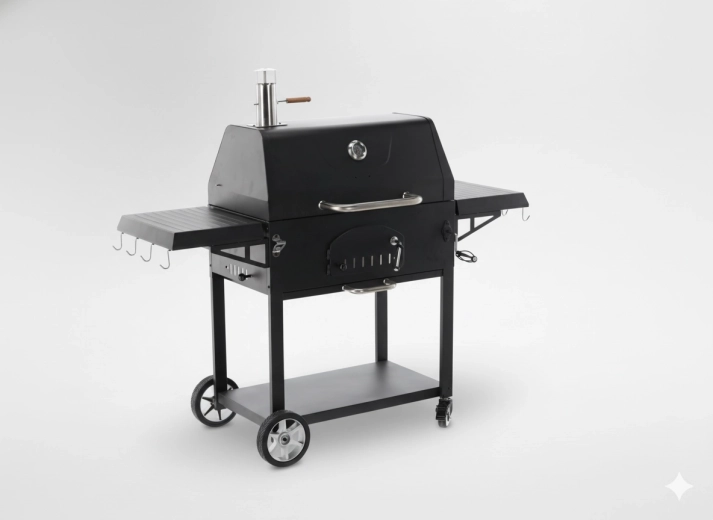 Parrilla de jardín de carbón VULCANO con tapa y rejilla de hierro fundido, ruedas