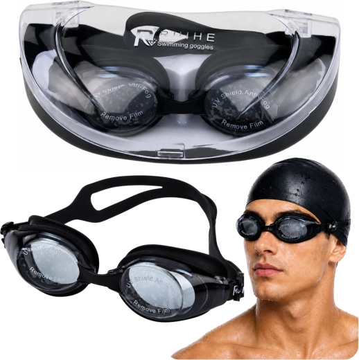 Gafas de natación con tratamiento anti-fog y protección UV, negras, con estuche