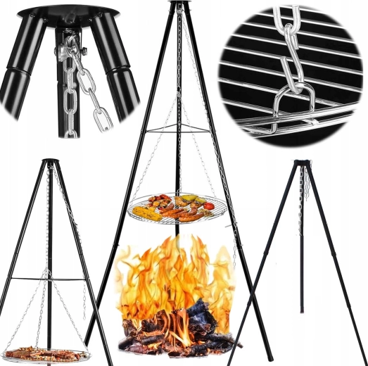 Parrilla colgante de trípode con hoguera, diámetro de la parrilla 50 cm, altura 150 cm