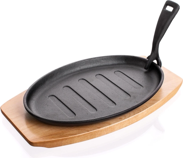 Sartén de hierro fundido 27 × 17,5 cm con tabla de madera Grada