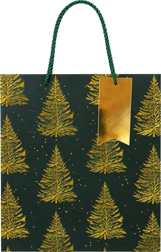 Bolsa de regalo navideña con árboles dorados