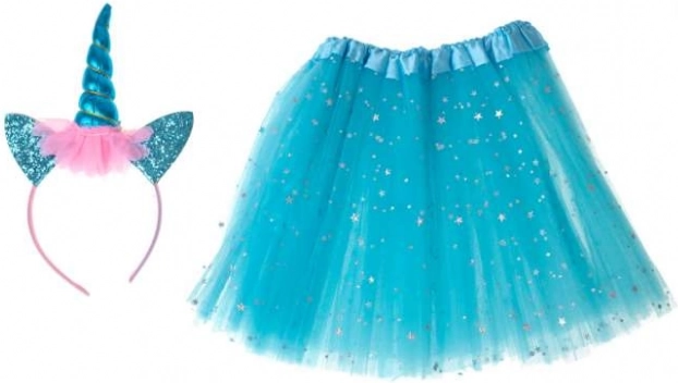 Disfraz de carnaval de unicornio – set infantil con diadema y falda de tul – Azul