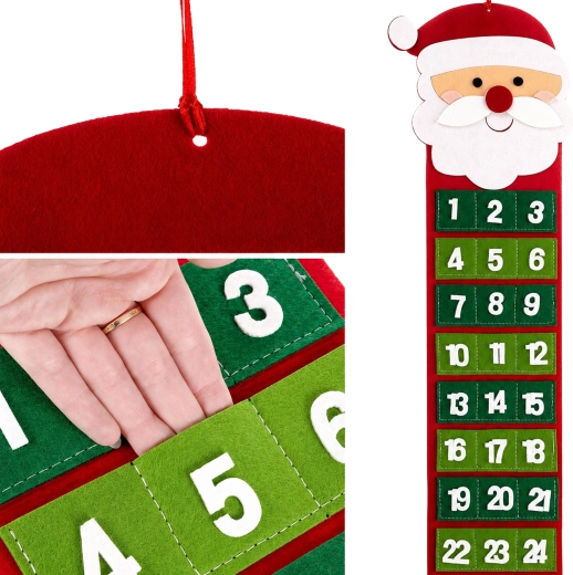 Calendario de Adviento colgante de fieltro Santa Claus con 24 bolsillos, 65 cm