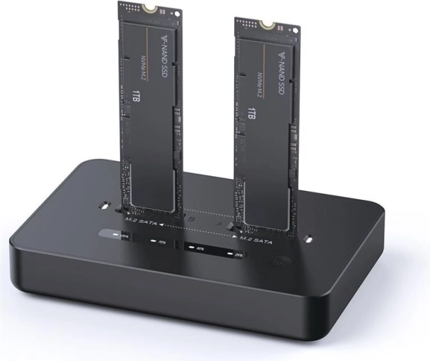 Estación de acoplamiento dual para SSD M.2 NVMe y SATA con USB‑C, negra