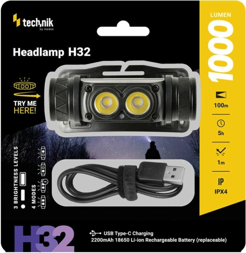Linterna frontal recargable con LED OSRAM P9, USB‑C, 1000 lm, estroboscopio Technik MT-H32