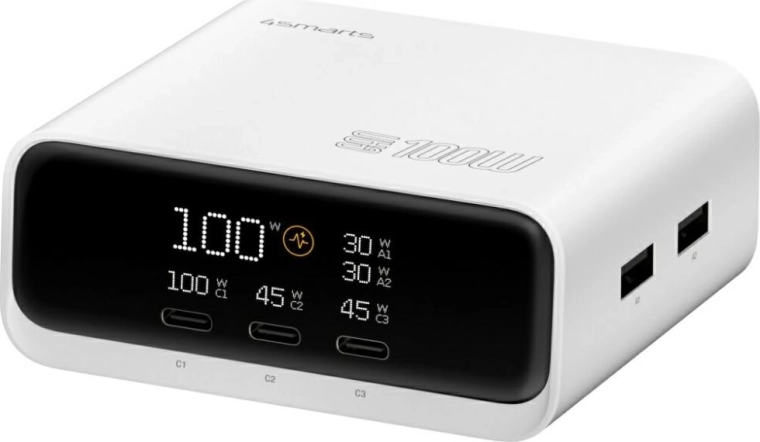 Cargador de sobremesa 4smarts GaN 100 W con pantalla, 3× USB‑C + 2× USB‑A, blanco