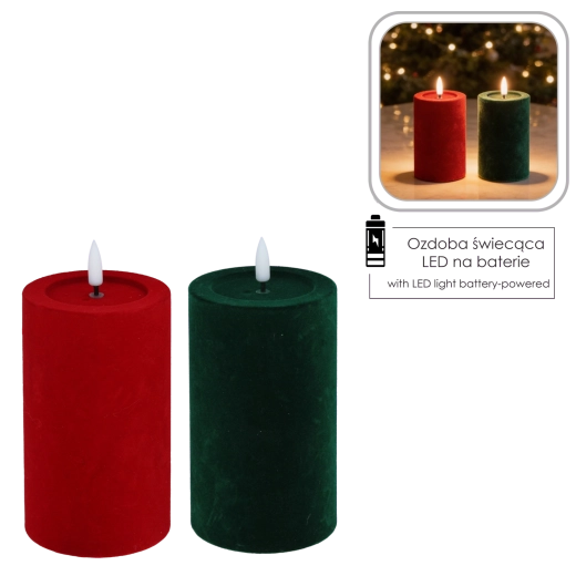 Vela LED de terciopelo con llama parpadeante roja/verde 7,5 × 15,5 cm - 1 pieza