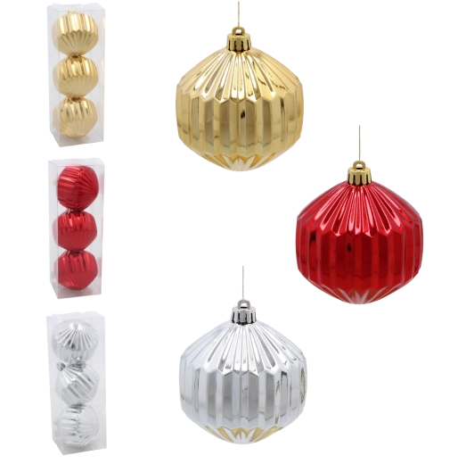 Set de bolas navideñas de 8 cm – roja, dorada y plateada, adornos brillantes acanalados (3 uds.)