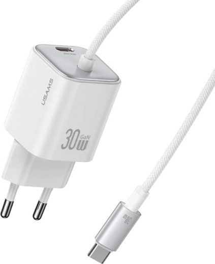 Cargador rápido USAMS serie JC CC264 30 W GaN con cable USB‑C integrado (blanco)