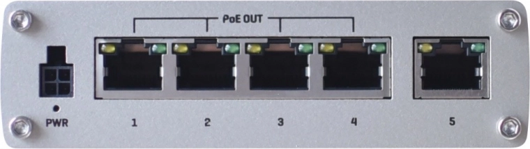 Switch industrial no gestionado gigabit TELTONIKA con PoE+, 5 puertos (4× PoE+)