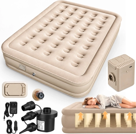 Colchón hinchable doble con bomba eléctrica y almohada, beige, 198 × 152 cm