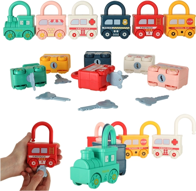 Juego Montessori de coches con cerradura y llaves: tren y vehículos, 13 piezas