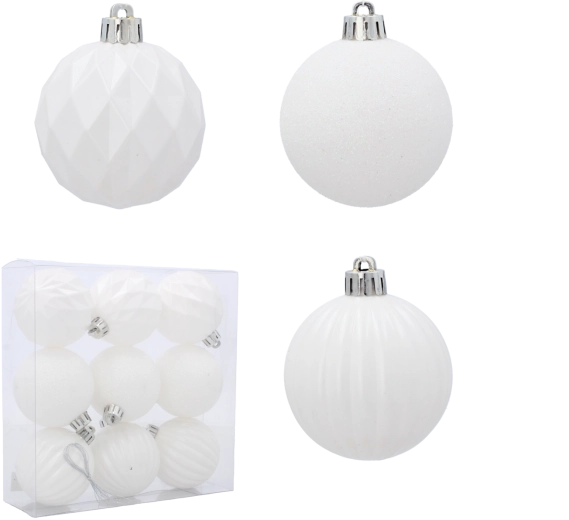 Set de 9 bolas navideñas blancas de 6 cm – mate, brillantes y con purpurina