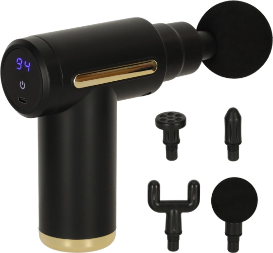 Pistola de masaje con pantalla LED, 4 cabezales, negra