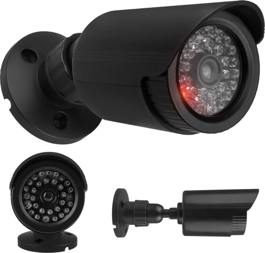 Atrapa de cámara tubular para exterior con LED IR, negra, alimentación 2×AA