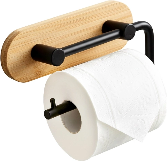 Portarrollos de pared para papel higiénico de bambú y metal negro 13,5 cm