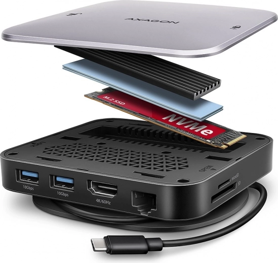 Hub USB‑C multipuerto AXAGON 9 en 1 con M.2 NVMe/SATA, HDMI 4K/60 Hz, PD 100 W, GLAN y lector de tarjetas