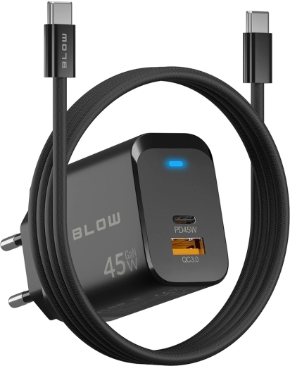Cargador de red GaN BLOW 45 W (USB-C PD + USB-A QC 3.0) con cable USB-C–USB-C