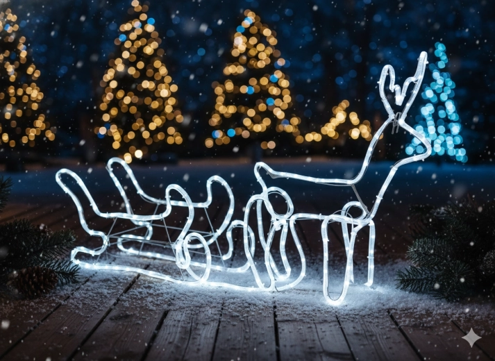 Reno navideño LED con trineo 120 × 27 × 66 cm – blanco frío con parpadeo frío