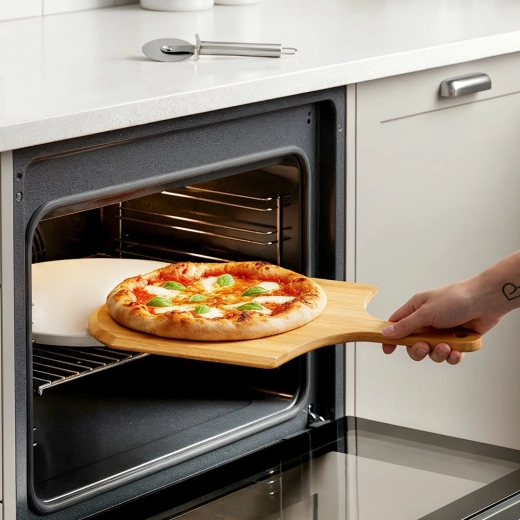 Traslado seguro de la pizza con pala de bambú