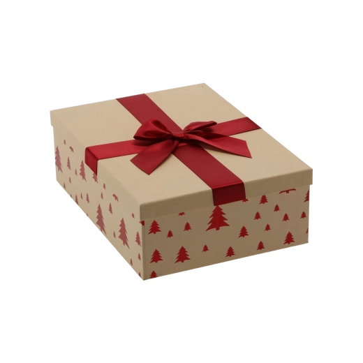 Caja de regalo navideña marrón con lazo burdeos 26,5 × 18 × 7 cm