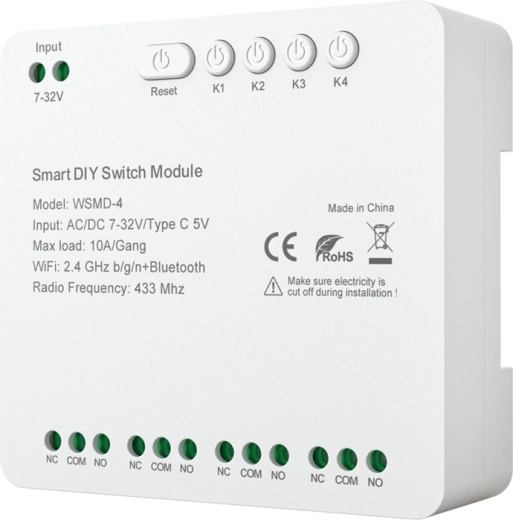 Módulo de conmutación inteligente de 4 canales para proyectos DIY AVATTO 7–32 V con Wi‑Fi, Bluetooth y RF 433 MHz