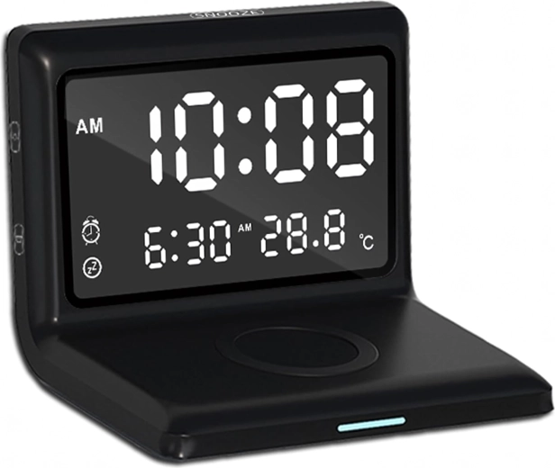 Reloj despertador digital 3 en 1 con carga inalámbrica de 15 W y termómetro, pantalla de espejo