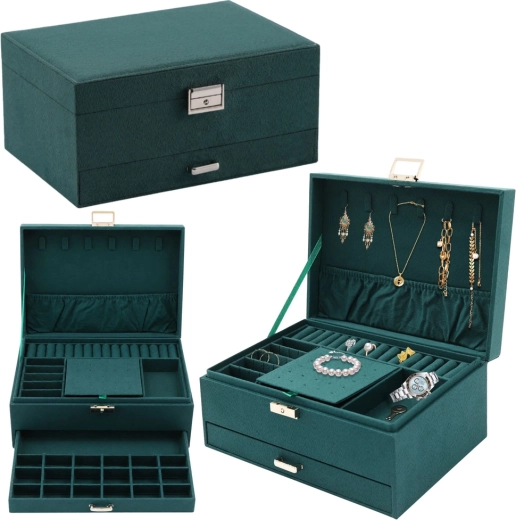 Joyero de terciopelo verde con cajón y llave