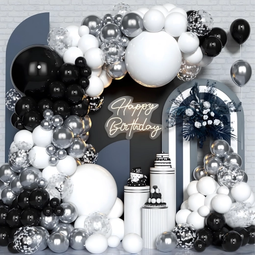 Guirnalda de globos negra, plateada y blanca – set de 107 uds.