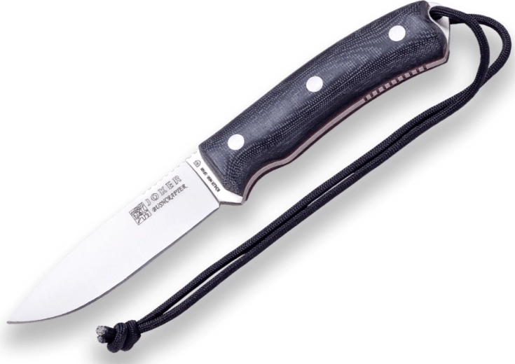 Joker CM120-P Bushcrafter cuchillo outdoor 10,5 cm, Micarta negra, funda de cuero y pedernal