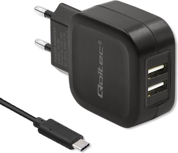 Cargador dual USB Qoltec 17W con cable USB-C