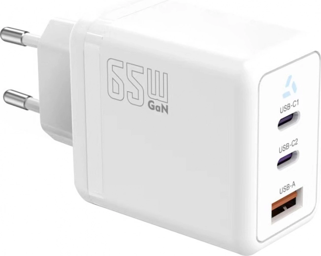 Cargador de red 2× USB‑C + USB‑A con Power Delivery, blanco, GaN de 65 W