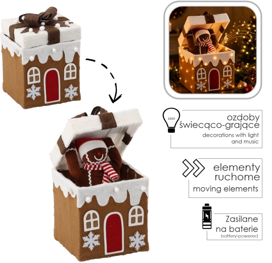 Decoración navideña de pan de jengibre en un regalo con iluminación LED, melodía y movimiento