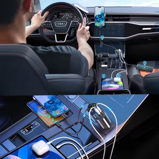 Cargador de coche 4 en 1 con USB‑C y Lightning, cable retráctil, carga rápida de 100 W