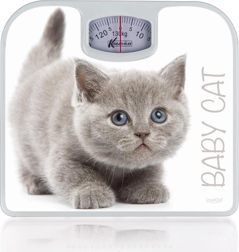 Báscula personal mecánica con diseño de gatito, blanca