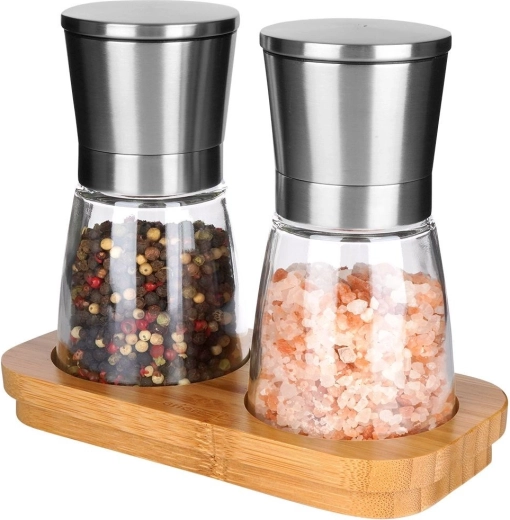 Molinillos de sal y pimienta con soporte de bambú 14,5 cm, juego de 3 piezas