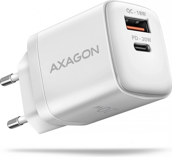 Cargador de red GaN Axagon 20 W USB-C PD + USB-A QC blanco