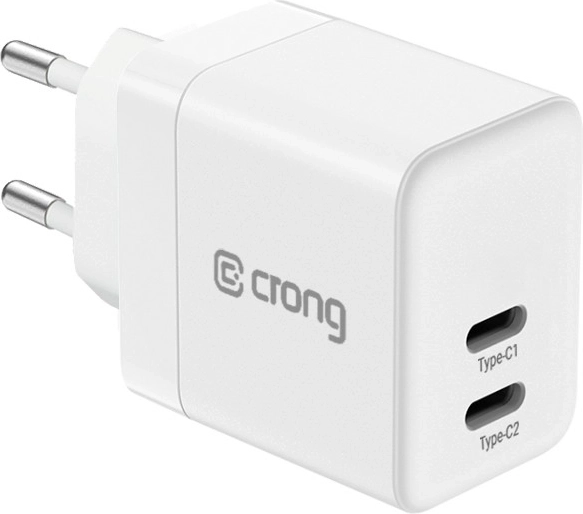 Cargador de red GaN ultracompacto Crong 2× USB-C 35 W PD 3.0 con PPS blanco