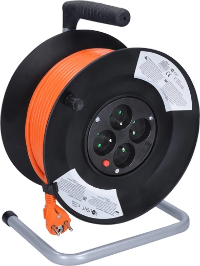 Cable alargador Solight en carrete 50 m, 4 tomas, naranja
