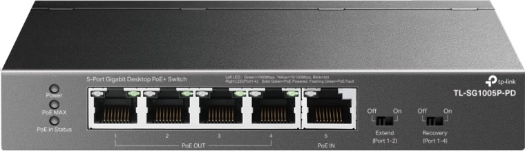 Conmutador de red TP-Link TL-SG1005P-PD con 5 puertos gigabit PoE