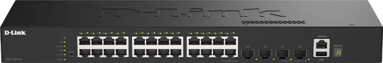 Conmutador gestionado inteligente D-Link DGS-1530-28/E con 24 puertos Gigabit Ethernet y 4 puertos 10G SFP+